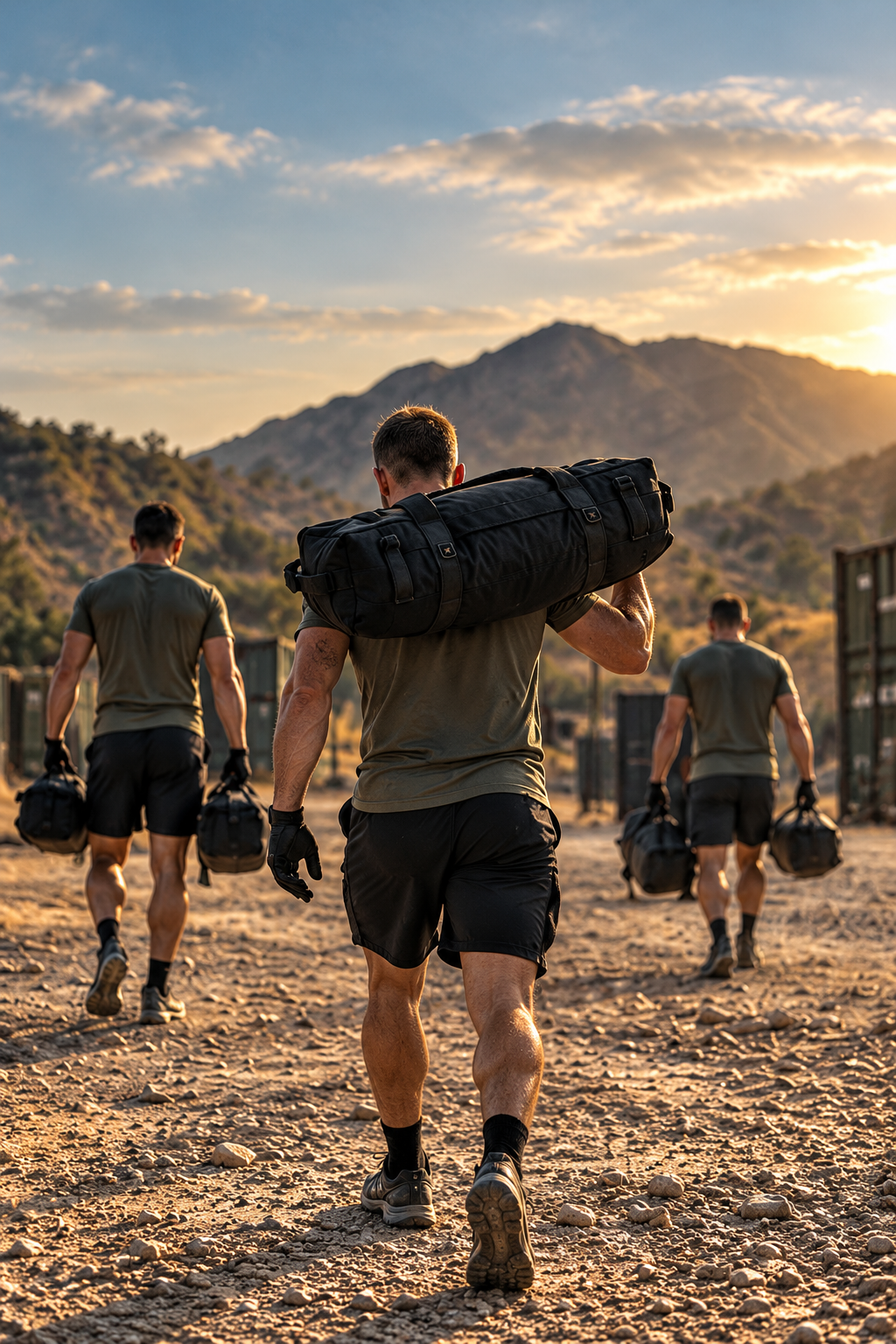 Three men in military training gear walk away across a dusty outdoor course at sunset, each carrying a large black training roll on their shoulders and one holding a kettlebell. Mountains and a cloudy sky are in the background.