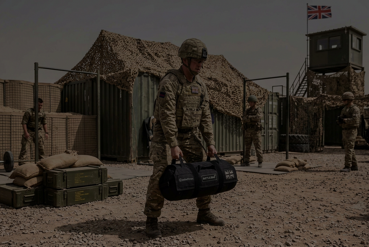 A soldier in camouflage uniform carries a black cylindrical bag labeled 'Mosswood' in a military base setting with tents, storage crates, and other personnel in the background.