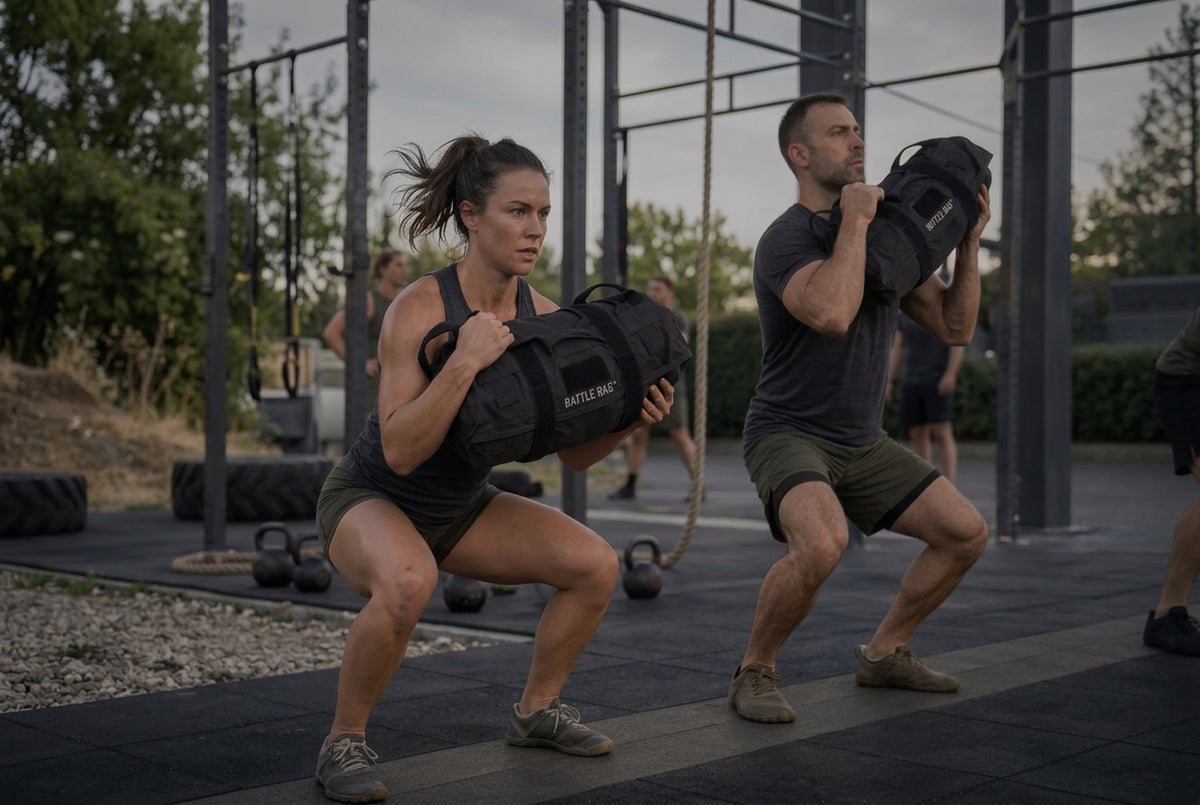 Male and female athletes training outdoors with the Battle Bag sandbag Deployable Physical Readiness System.