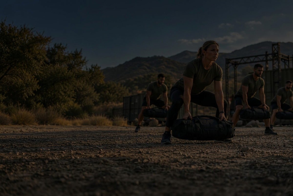 A group of fitness athletes in military-style olive green shirts and black leggings perform a sandbag exercise outdoors in a desert training camp with mountains in the background.