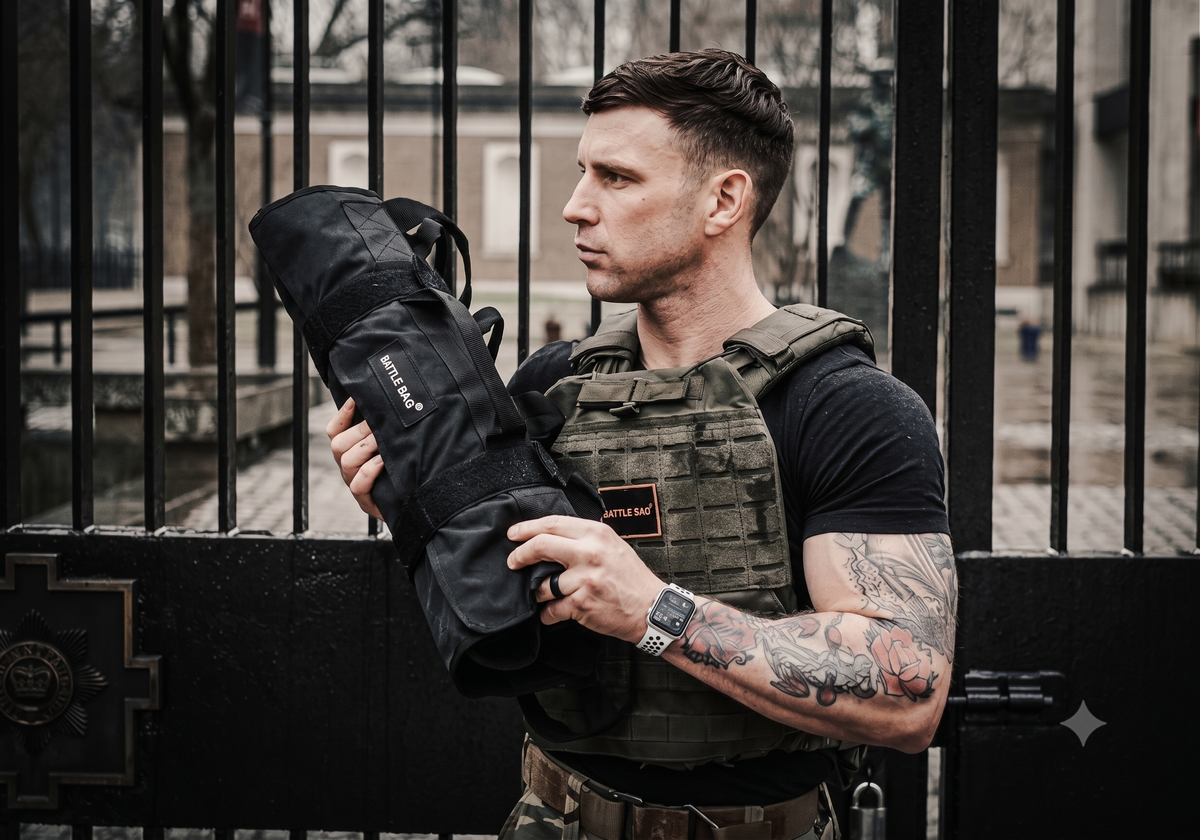A man in outdoor fitness gear and a tactical vest preparing to train with a black Battle Bag.